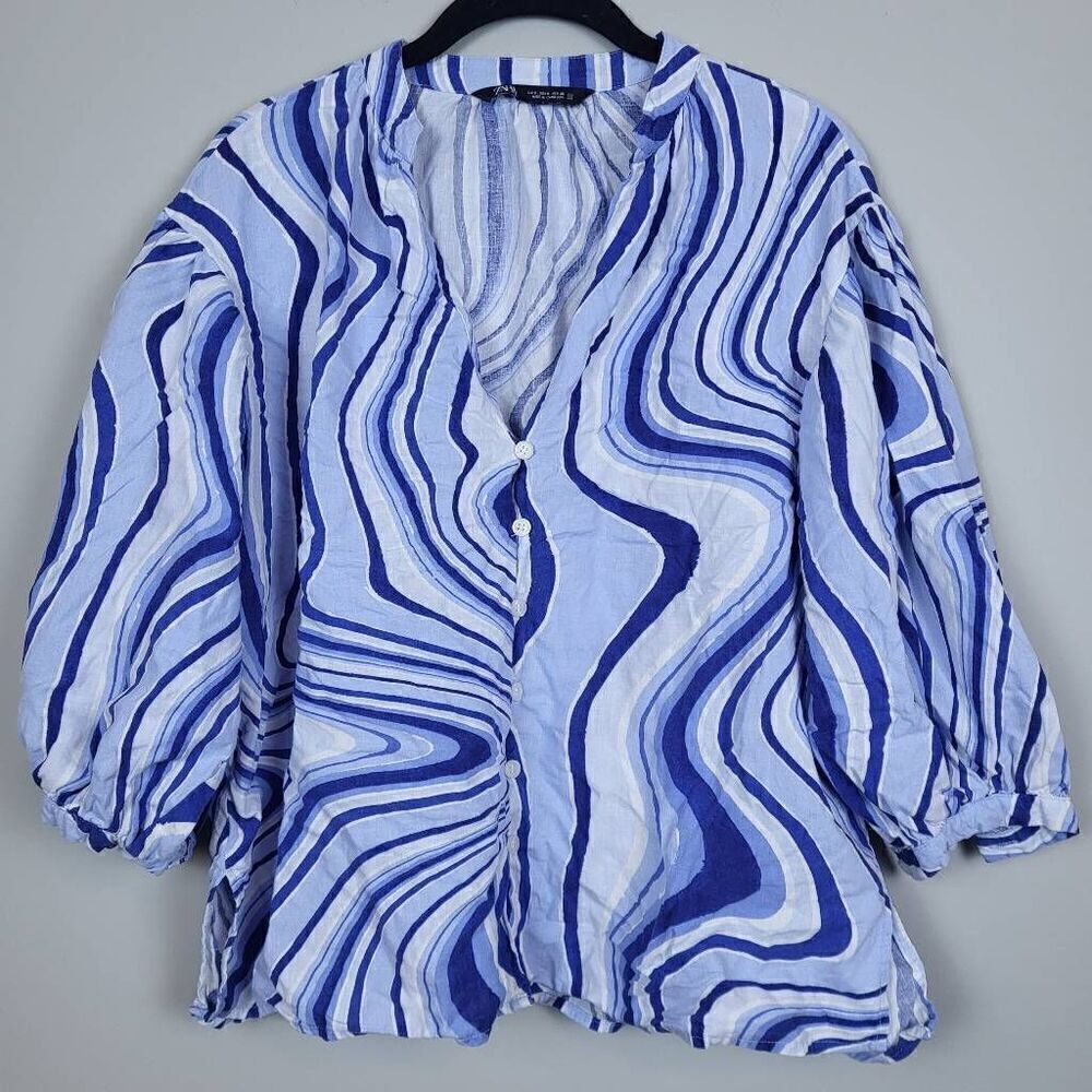 Zara Women Size Small Blue White Psychedelic Boho Y2K Vibe 3/4 Sleeve Blouse